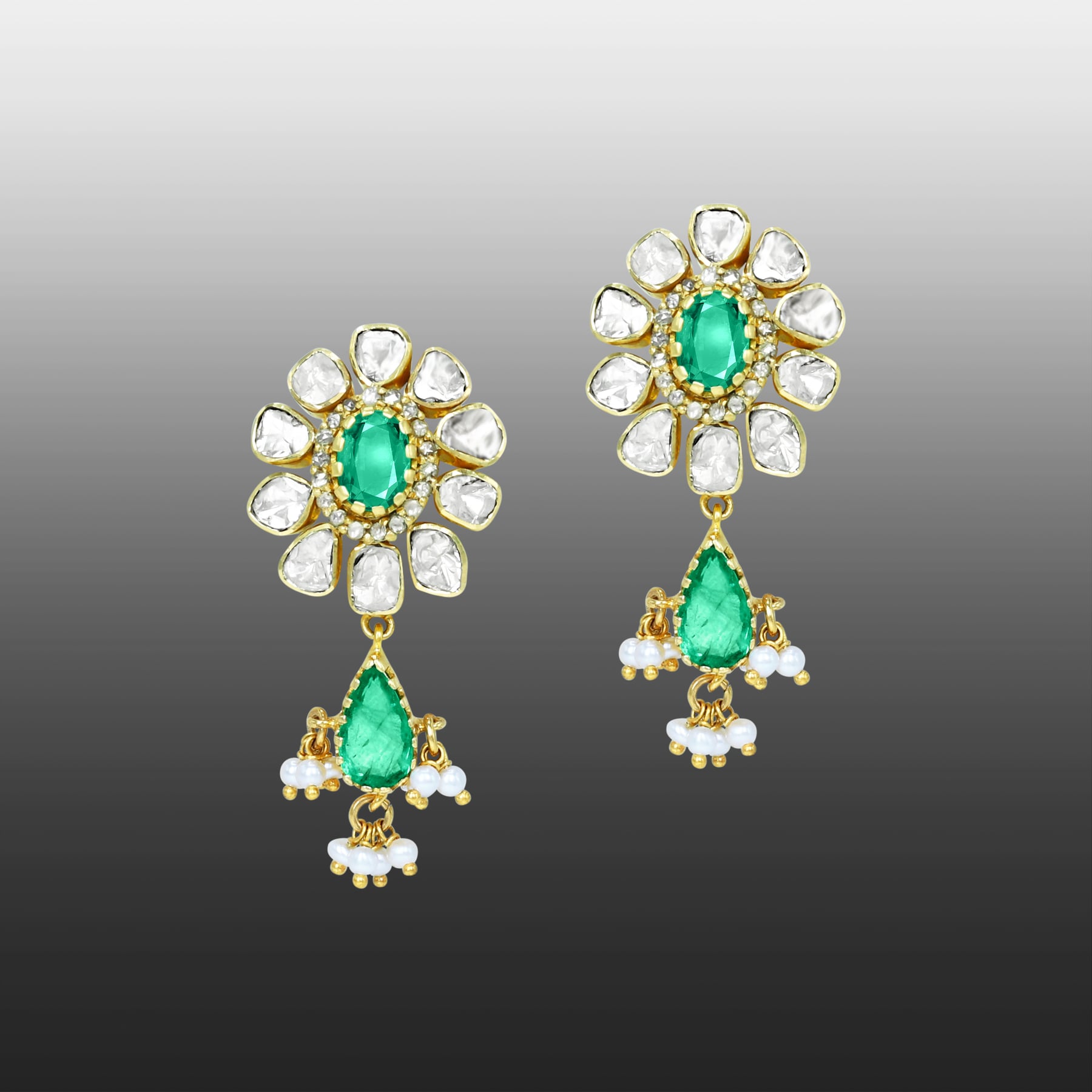 Polki Earrings with Emerald Center, Drops, and Pearl Accents